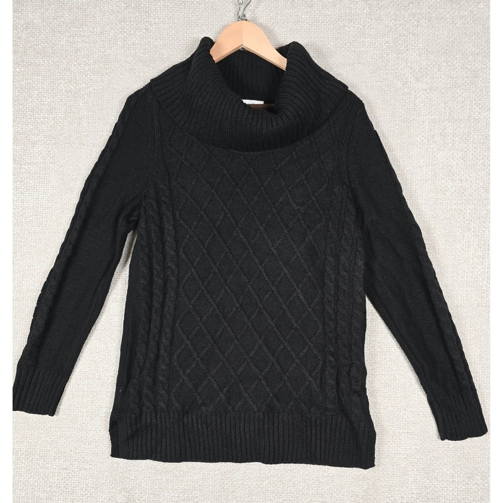 Calvin‎ Klein Womens Black Cowl Neck Cable Knit Sweater Size M Diamond Pattern